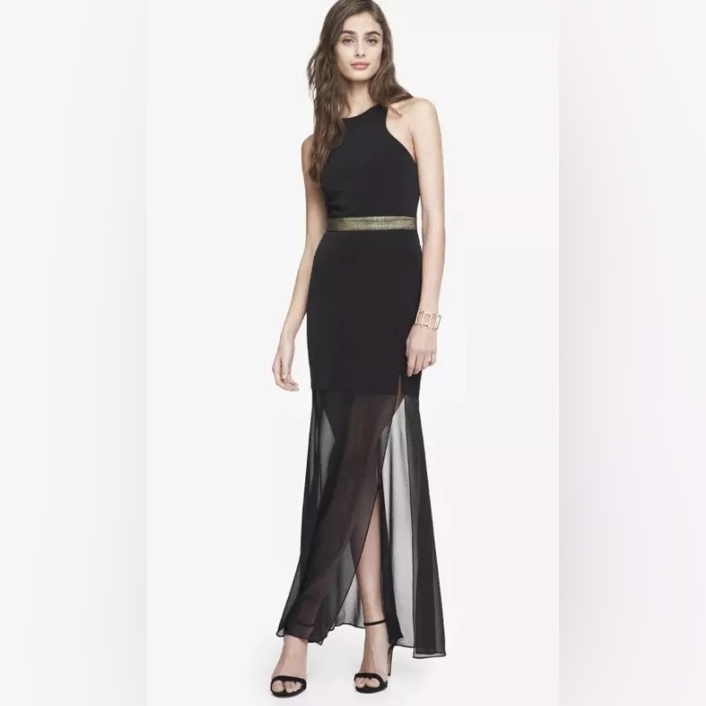 Express Black Crisscross Back Maxi Dress with Sheer Hem Size 2 Preowned